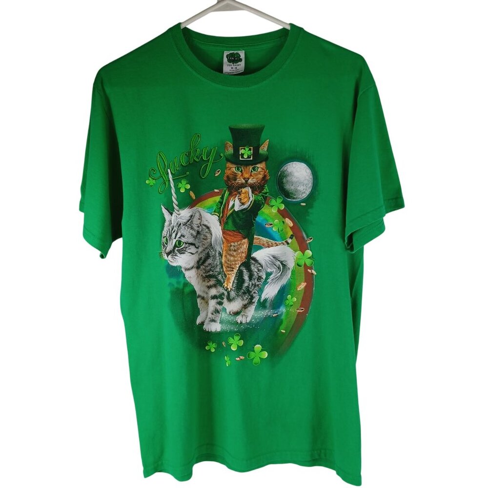 Lucky St. Pattys Day Green T-Shirt Cat Graphics Size M Comfy Boxy Men/Womens